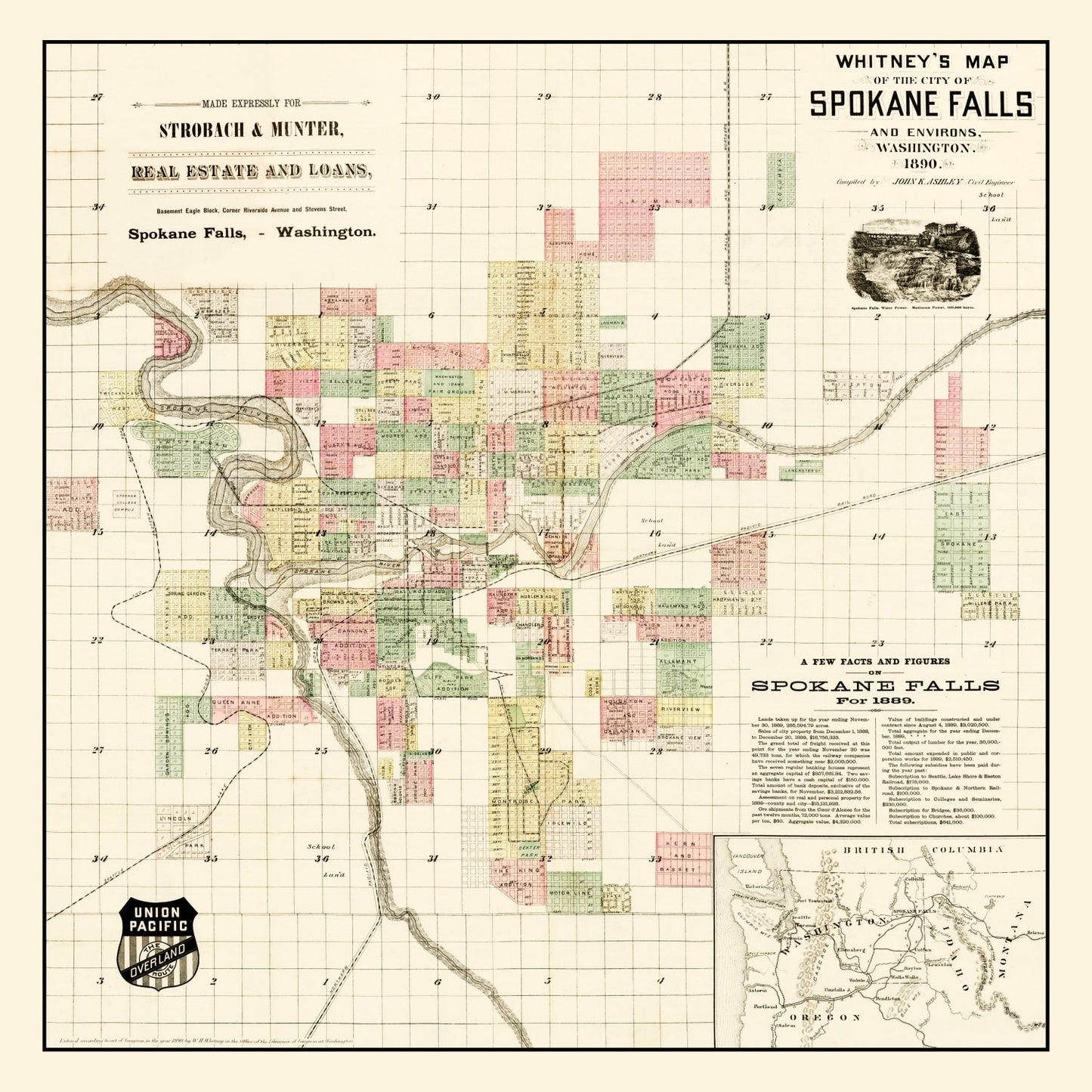 Vintage Map of Spokane Falls, Washington 1890