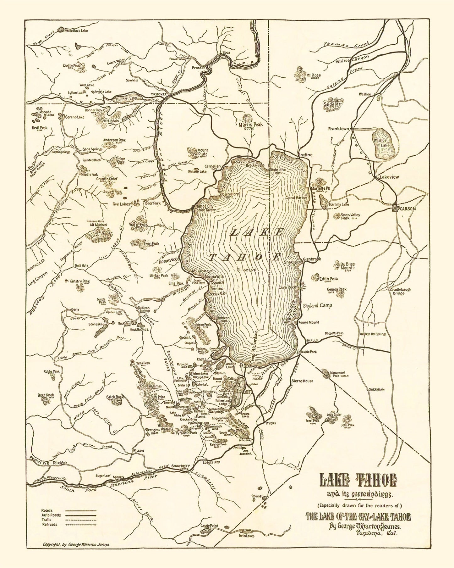 Vintage Map of Lake Tahoe, 1915