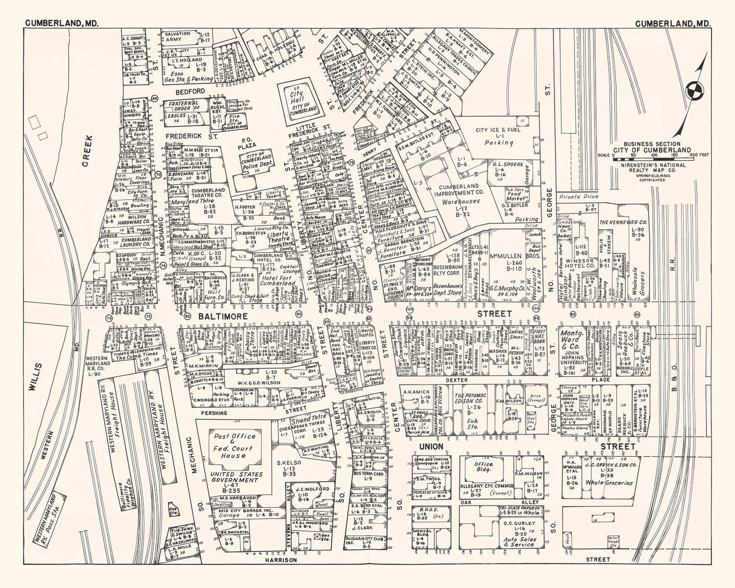 Vintage Map of Cumberland, MD Business Section 1947
