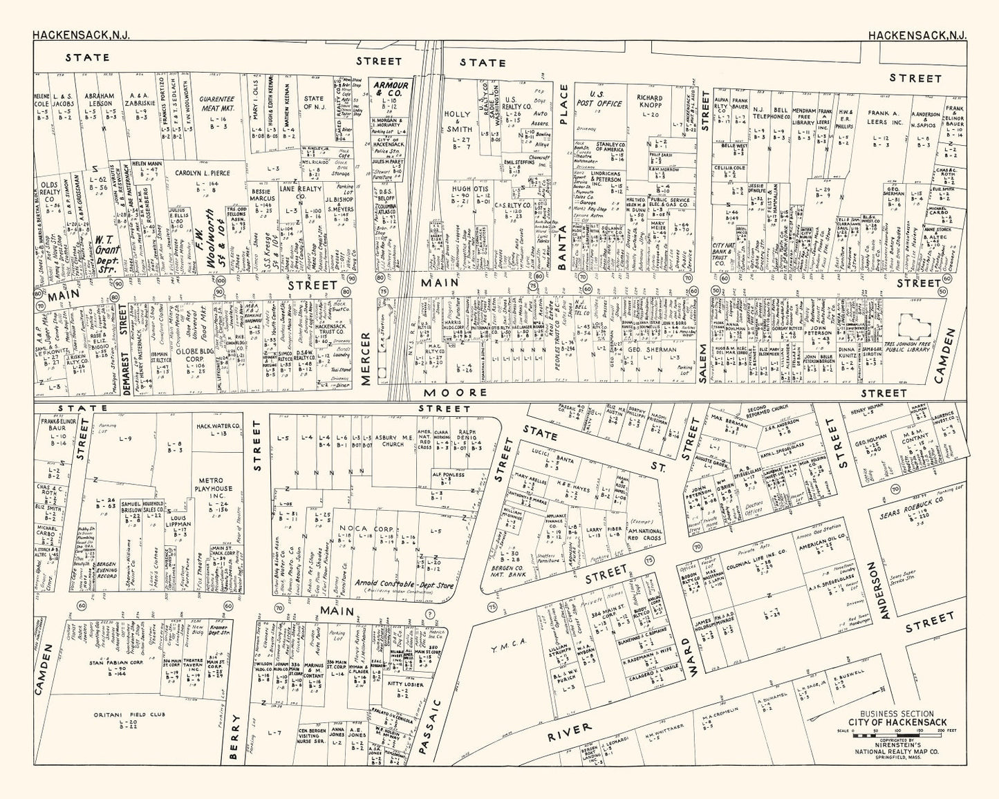 Vintage Map of Hackensack, NJ Business Section 1947