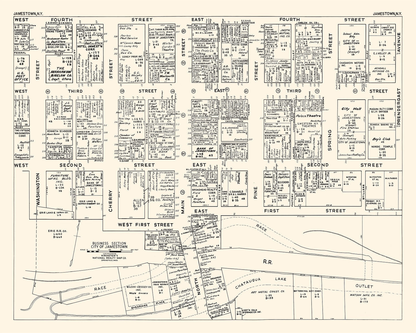 Vintage Map of Jamestown, NY Business Section 1947
