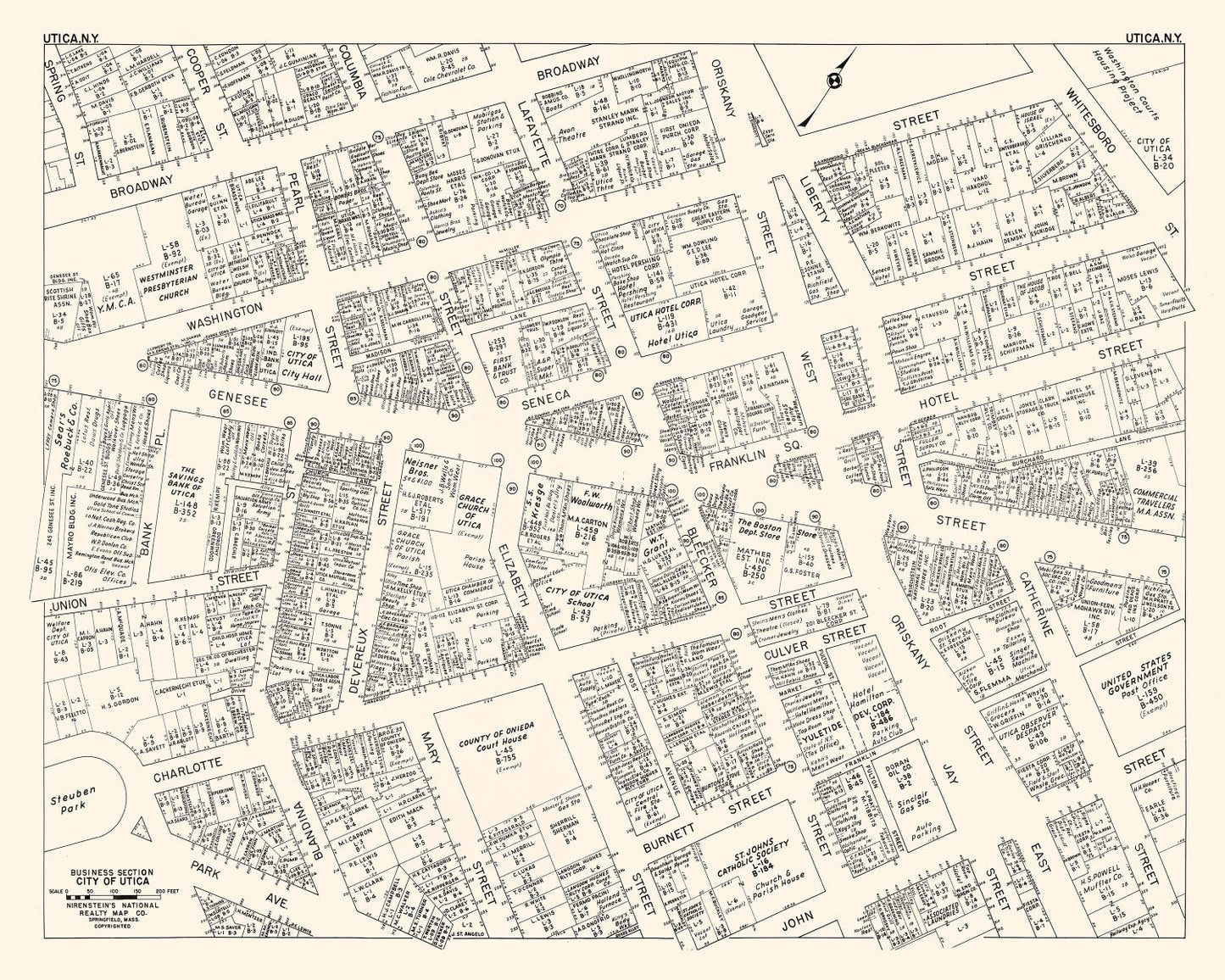 Vintage Map of Utica, NY Business Section 1947