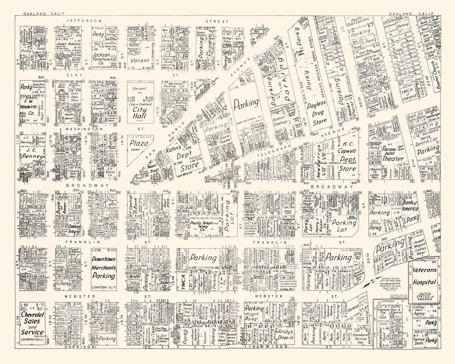 Vintage Map of Oakland, CA Business Section 1952