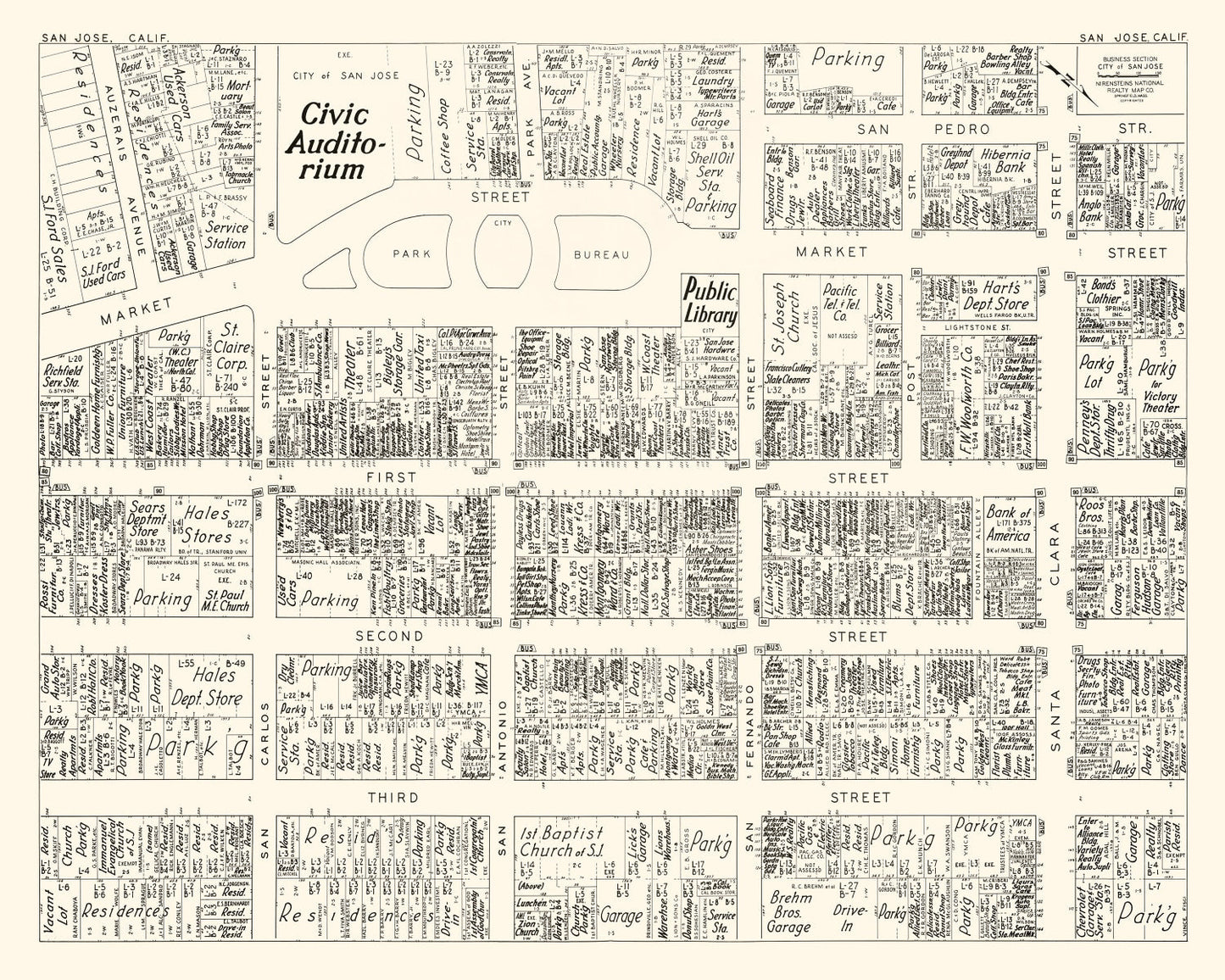 Vintage Map of San Jose, CA Business Section 1952