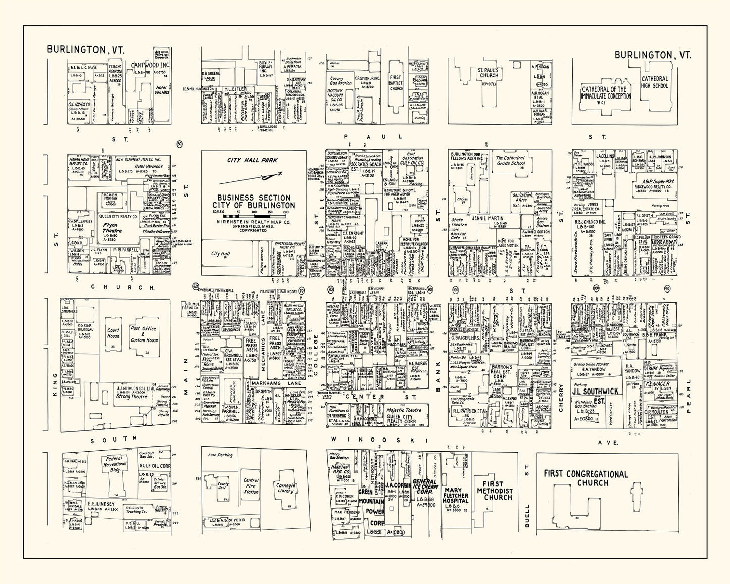 Vintage Map of Burlington, VT Business Section 1946