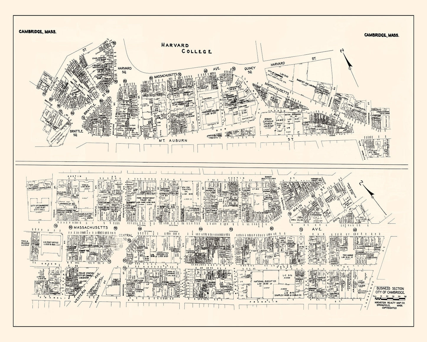 Vintage Map of Cambridge, MA Business Section 1946