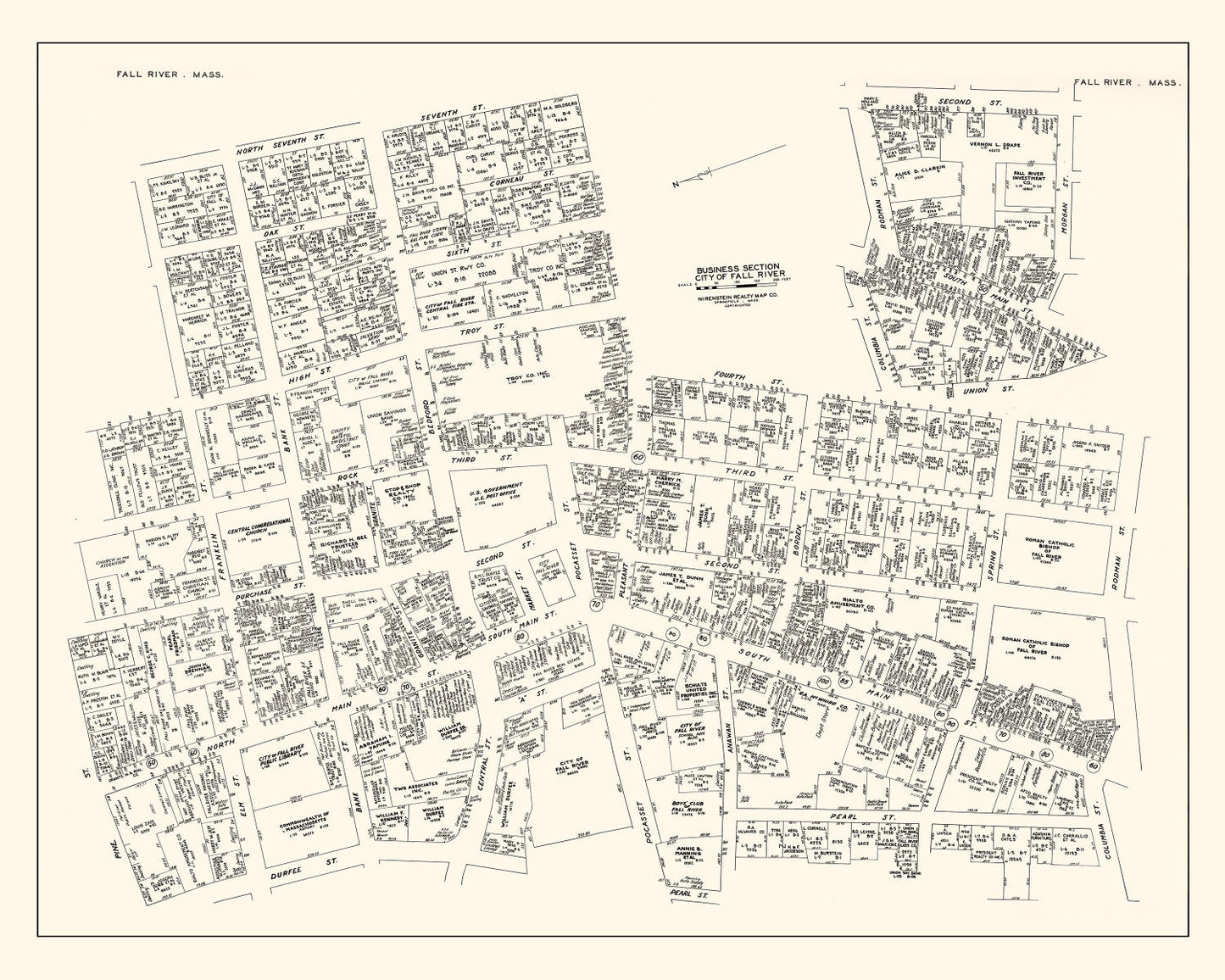 Vintage Map of Fall River, MA Business Section 1946