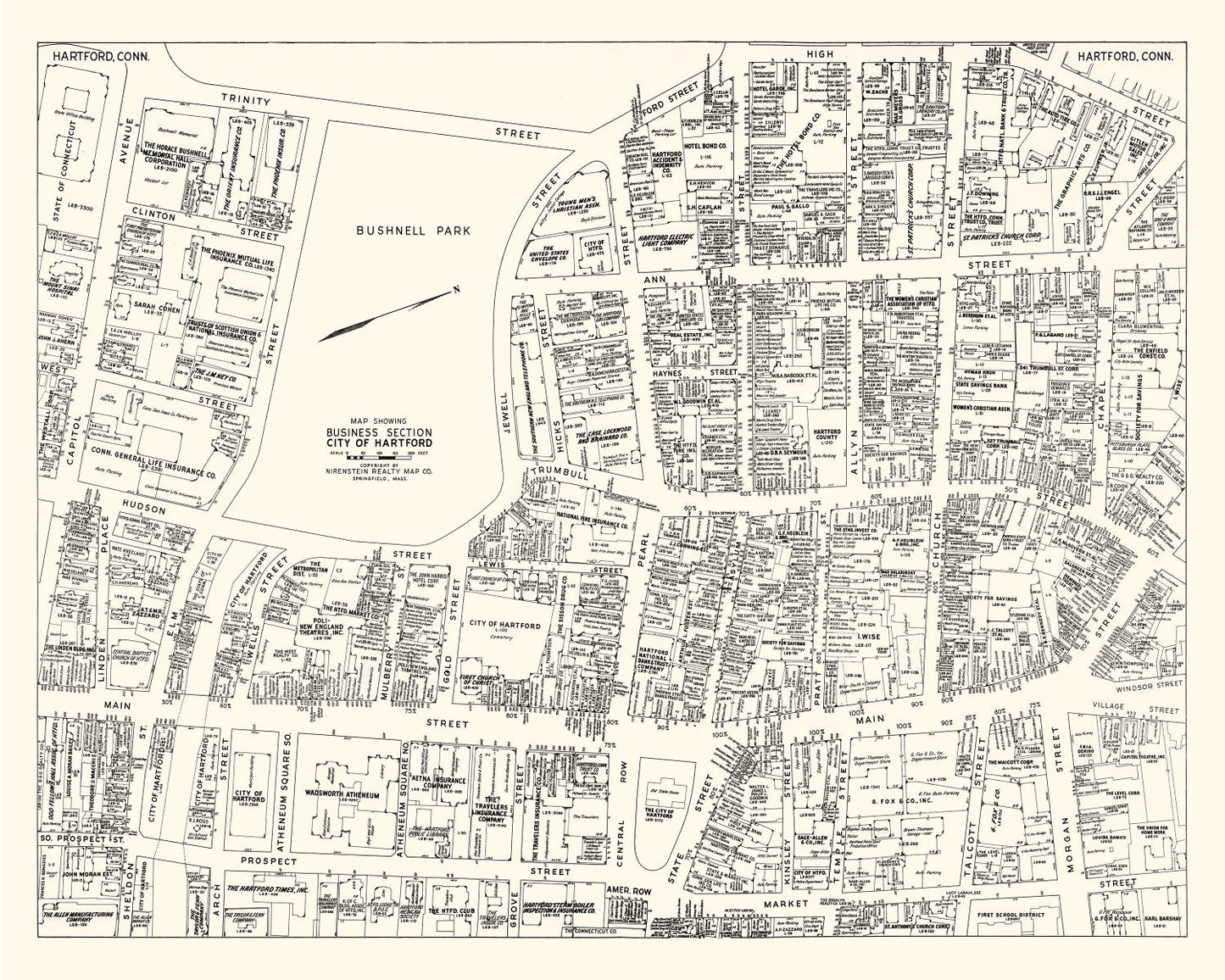 Vintage Map of Hartford, CT Business Section 1946