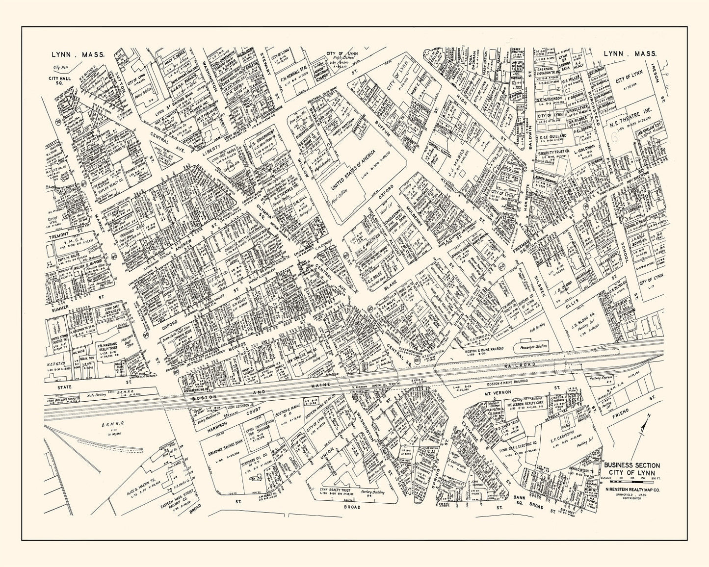 Vintage Map of Lynn, MA Business Section 1946
