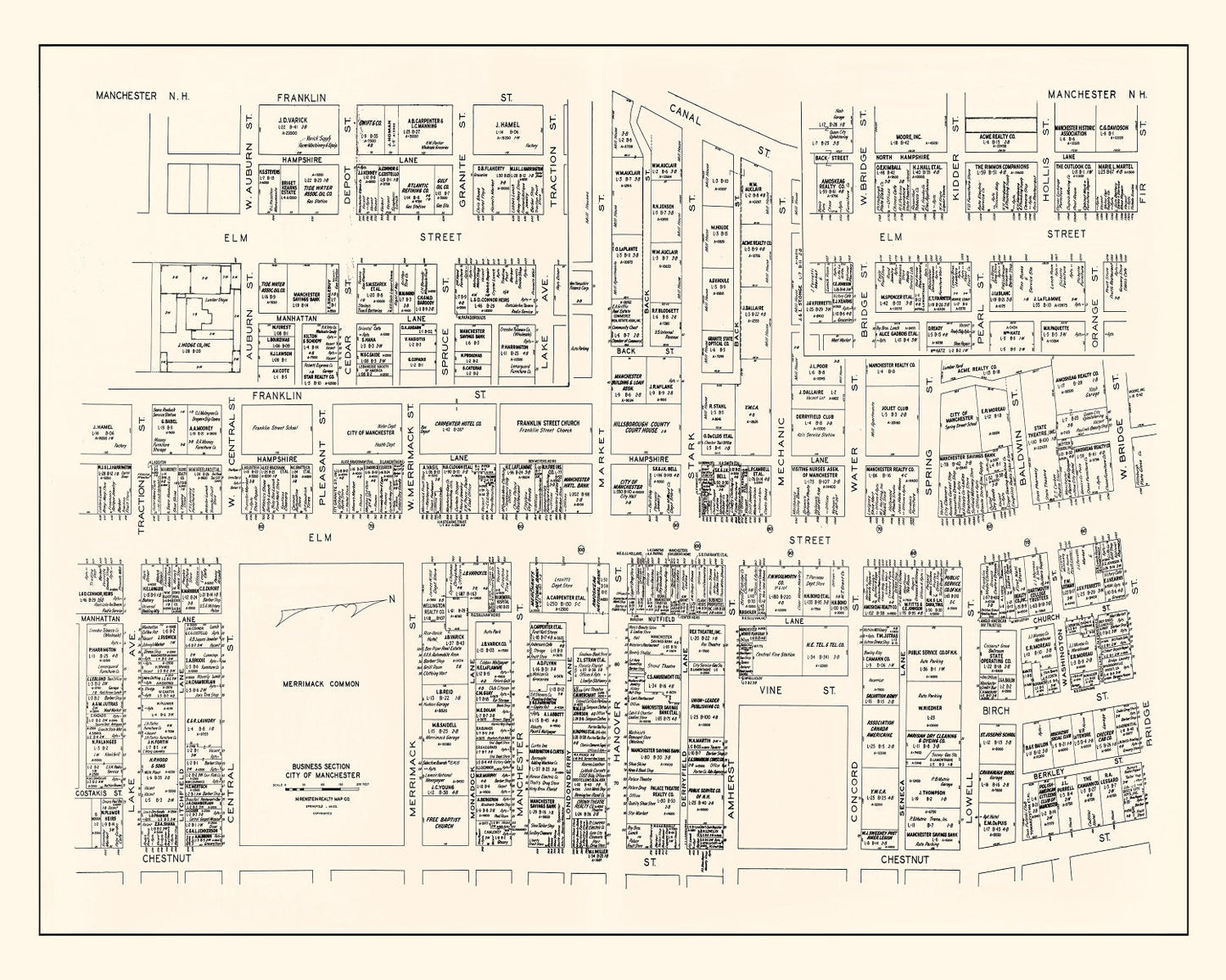 Vintage Map of Manchester, NH Business Section 1946