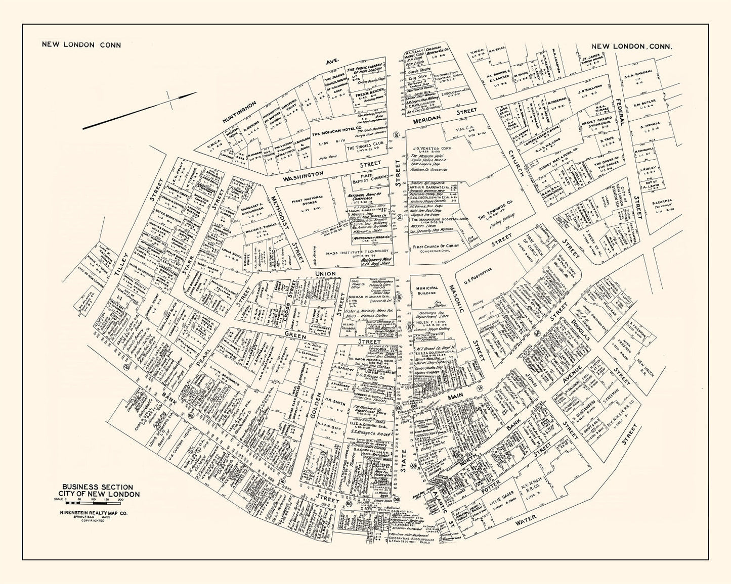 Vintage Map of New London, CT Business Section 1946
