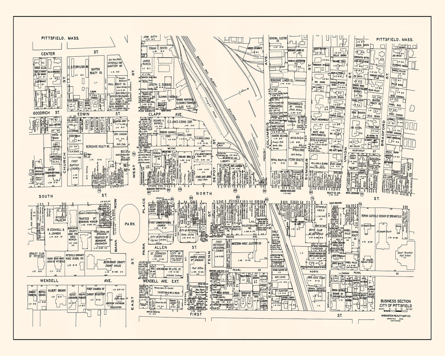 Vintage Map of Pittsfield, MA Business Section 1946