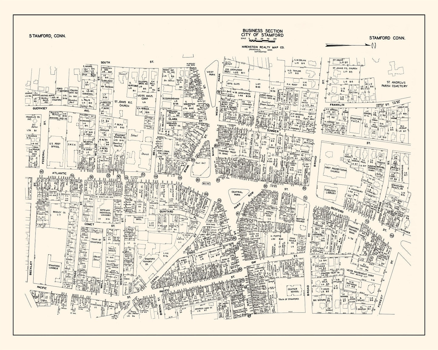 Vintage Map of Stamford, CT Business Section 1946