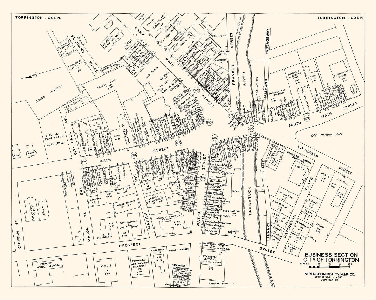 Vintage Map of Torrington, CT Business Section 1946