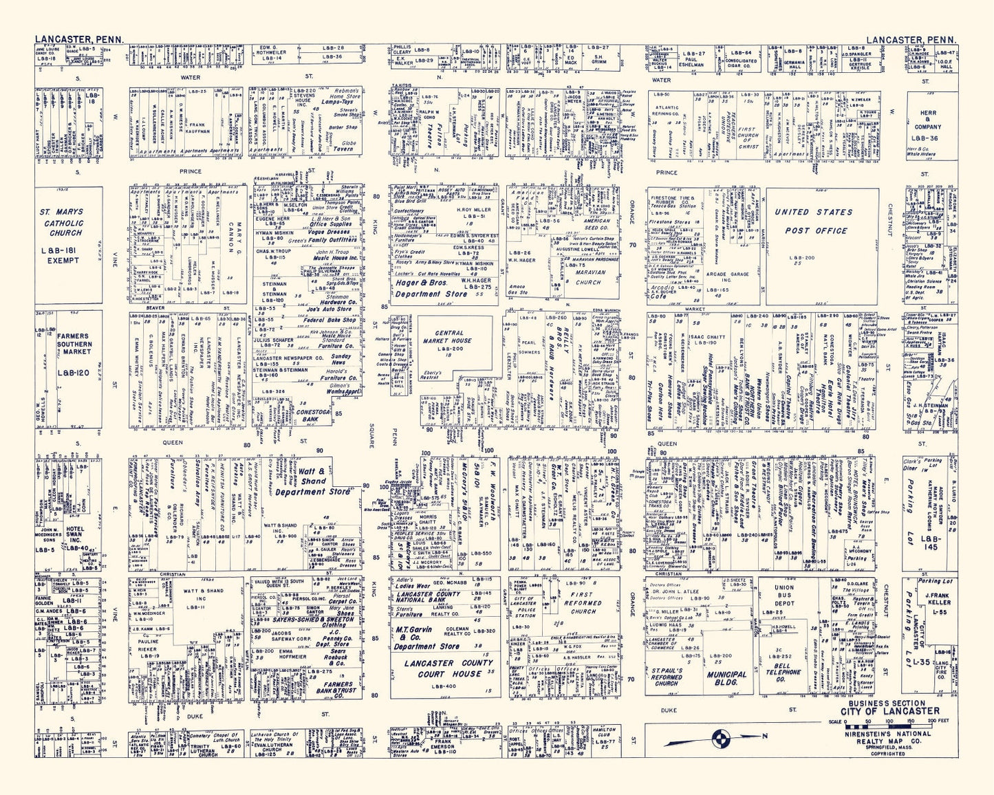 Vintage Map of Lancaster, PA Business Section 1950