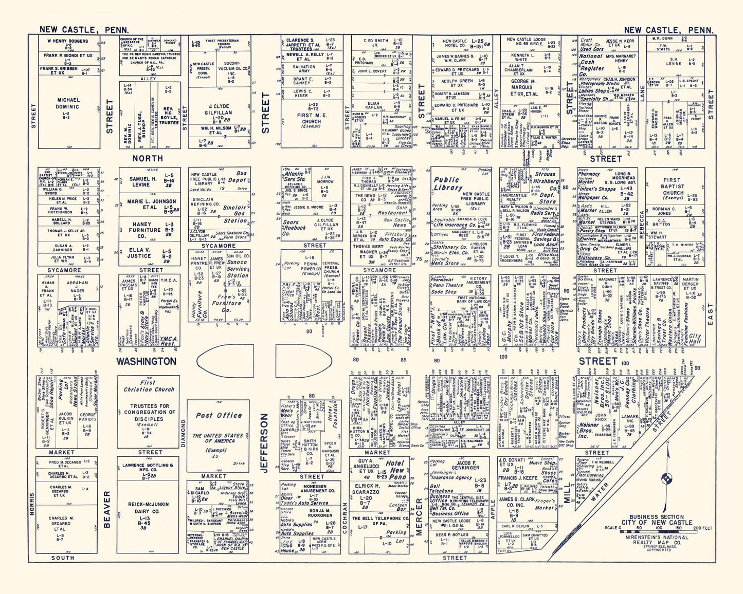Vintage Map of New Castle, PA Business Section 1950