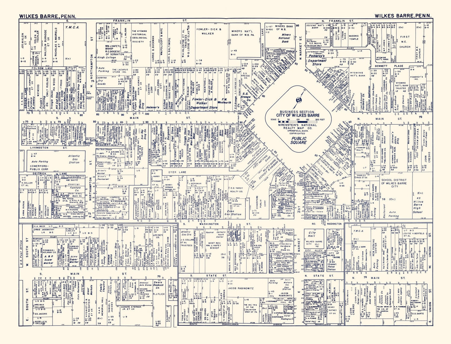 Vintage Map of Wilkes-Barre, PA Business Section 1950