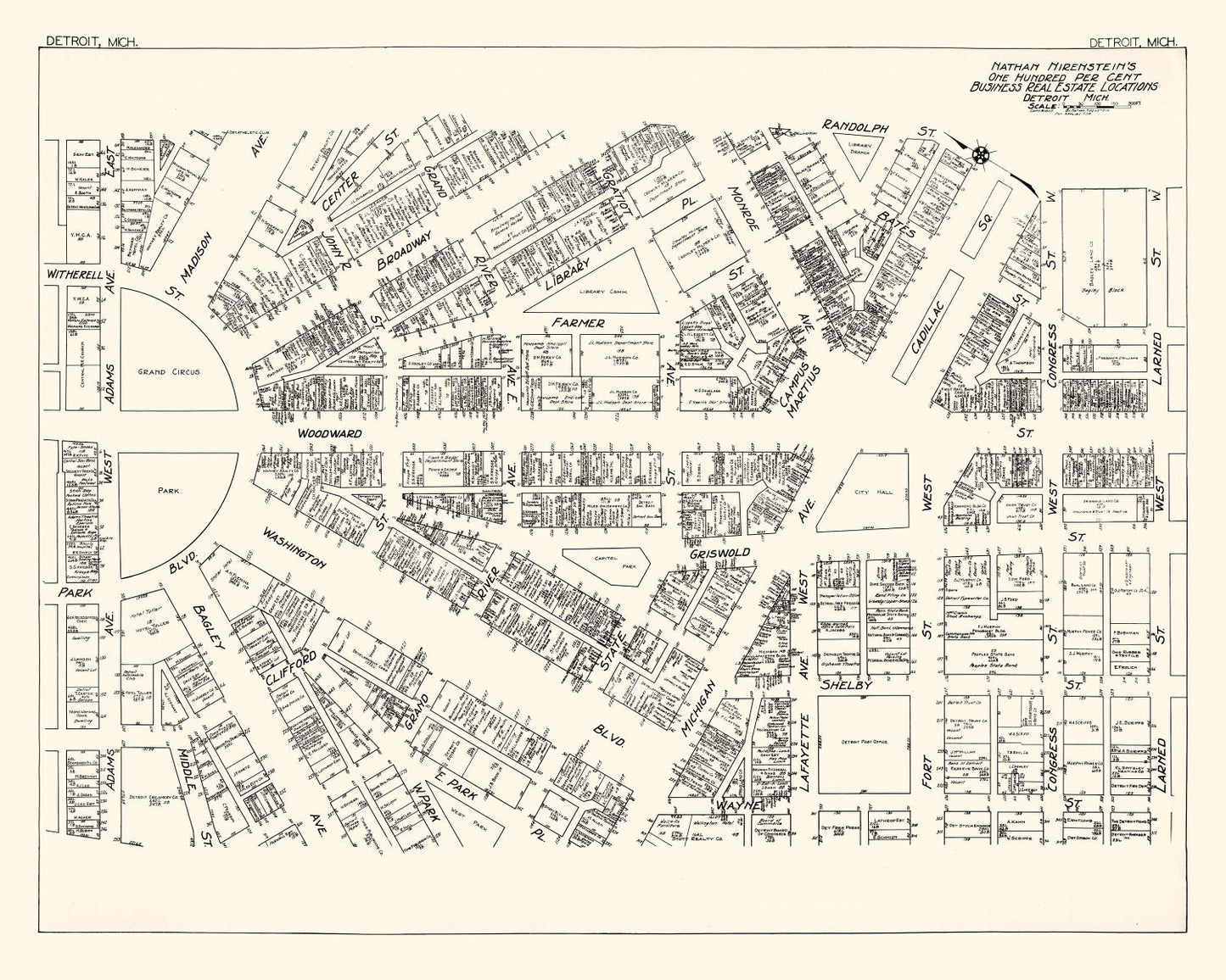 Vintage Map of Detroit, MI Business Section 1929