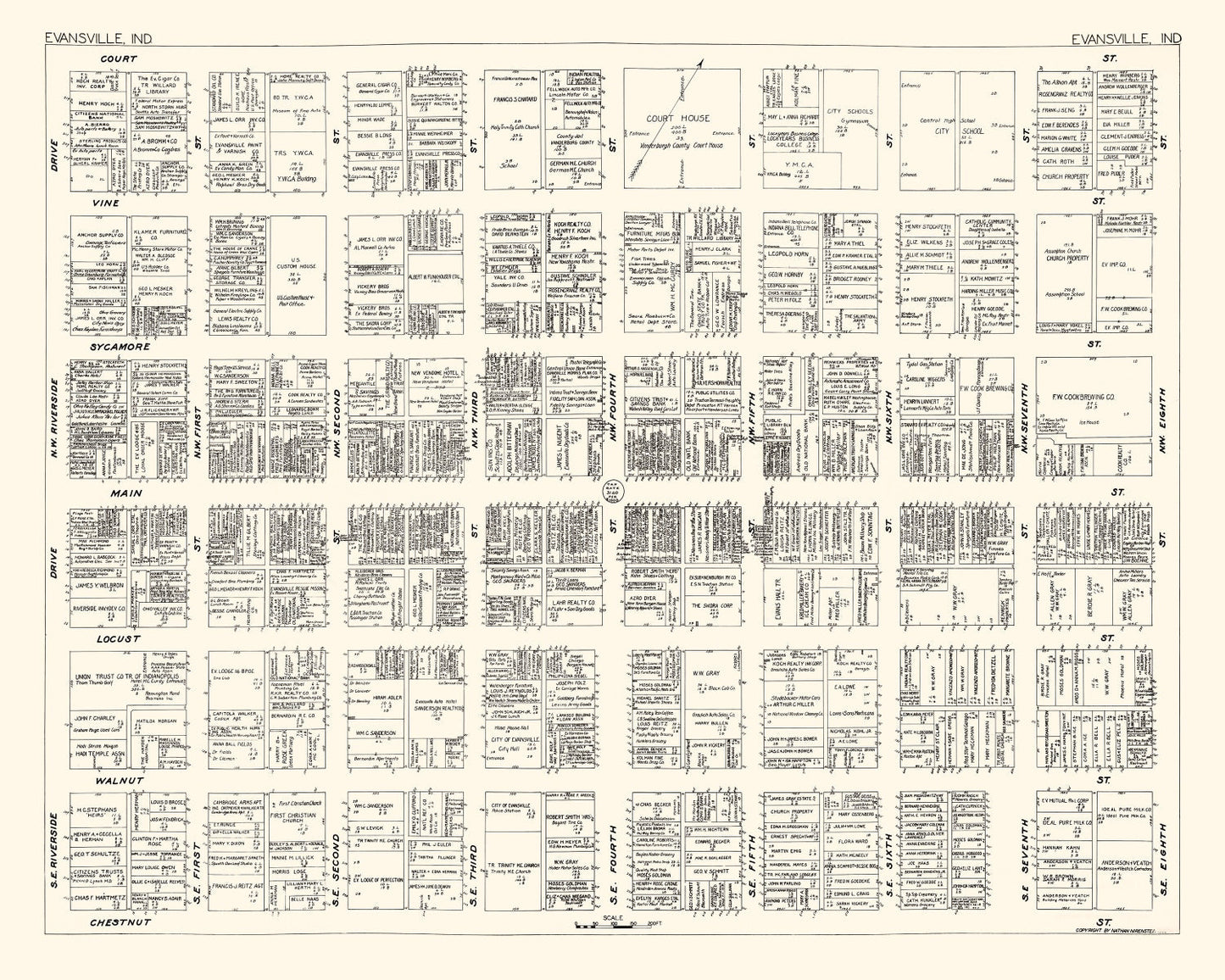 Vintage Map of Evansville, IN Business Section 1929