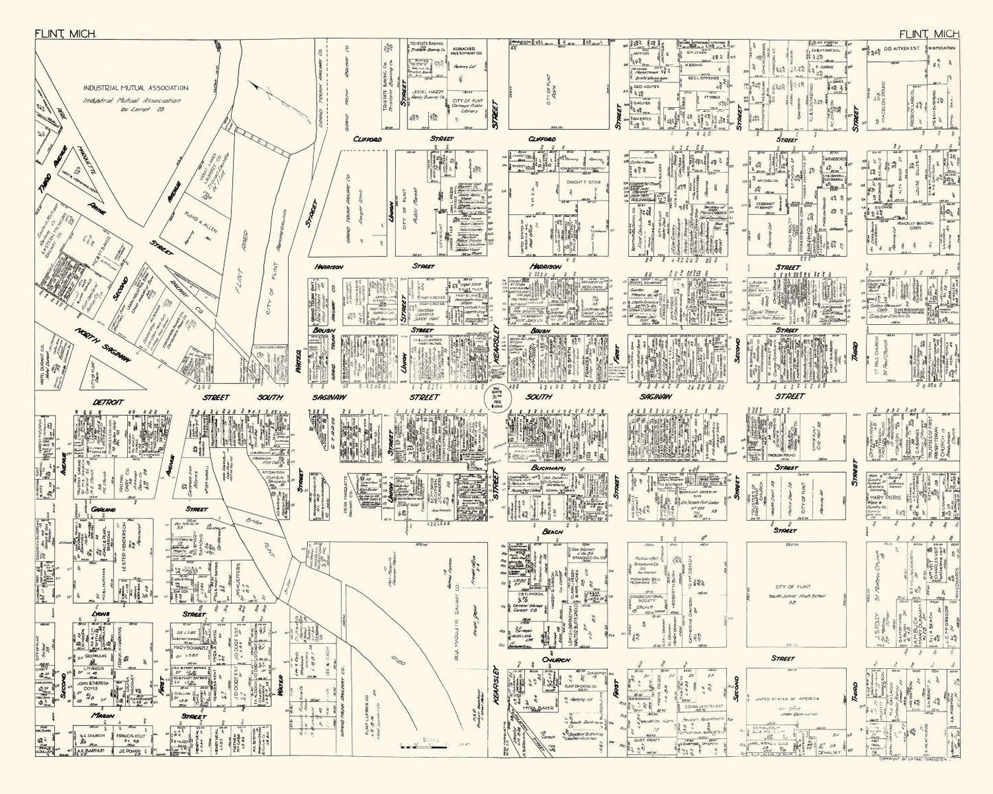Vintage Map of Flint, MI Business Section 1929
