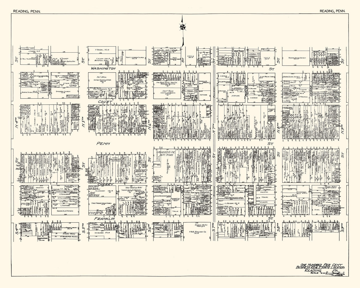 Vintage Map of Reading, PA Business Section 1929