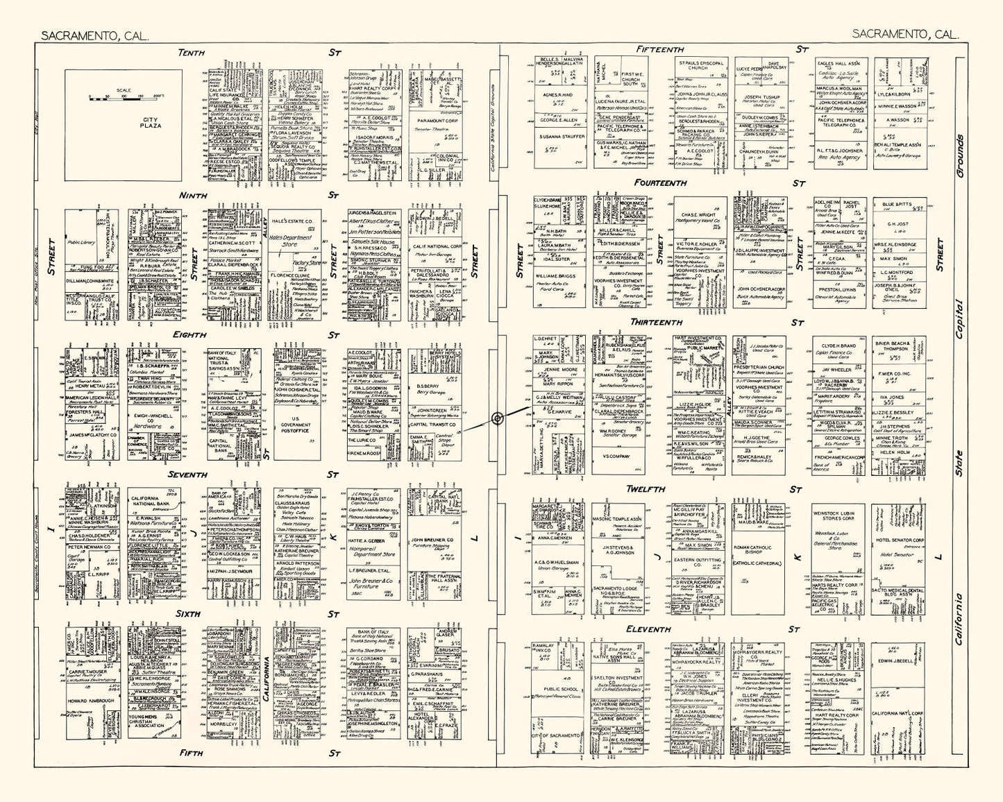Vintage Map of Sacramento, CA Business Section 1929