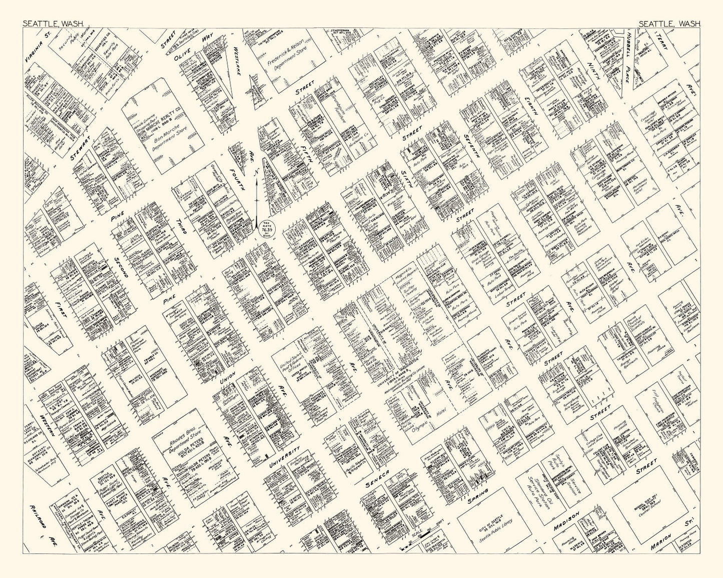 Vintage Map of Seattle, WA Business Section 1929
