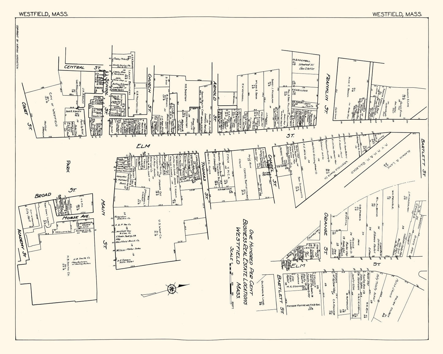 Vintage Map of Westfield, MA Business Section 1929
