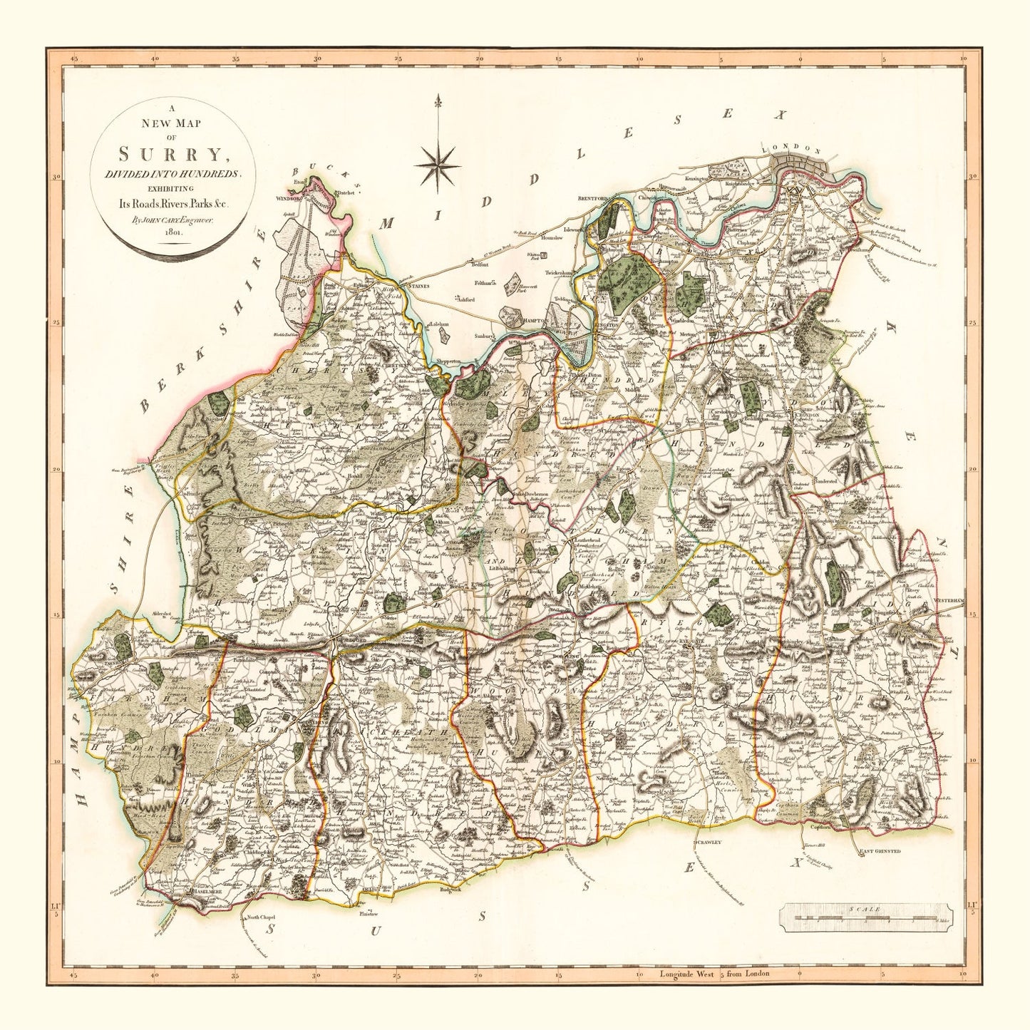 Vintage Map of Surry County England, 1801