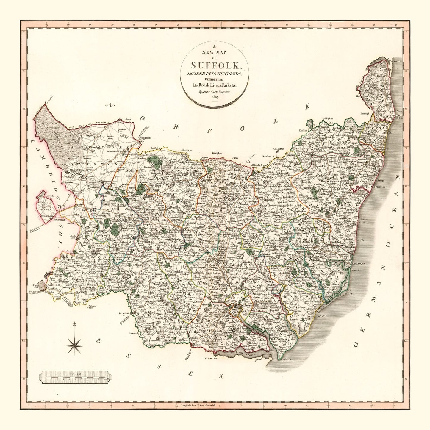 Vintage Map of Suffolk County England, 1807