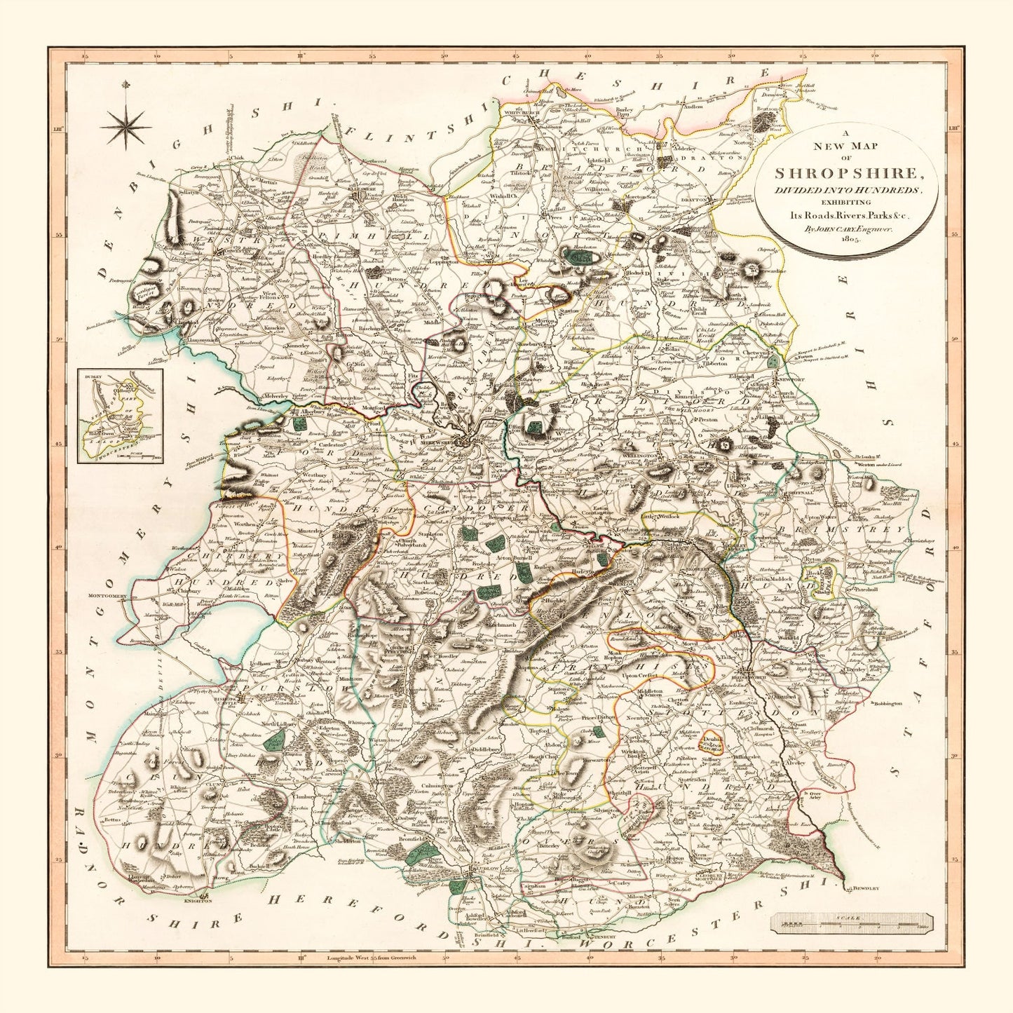 Vintage Map of Shropshire County England, 1805