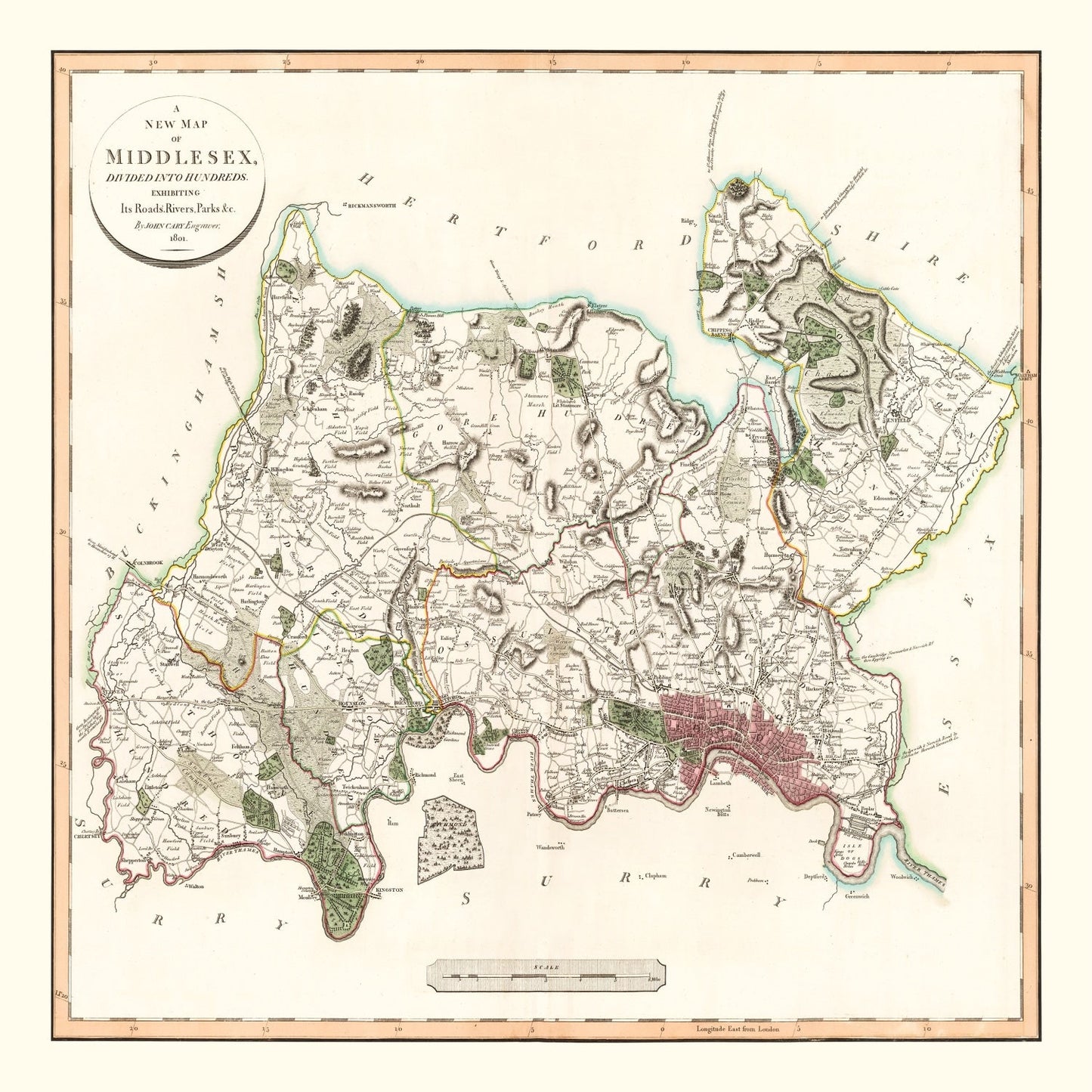 Vintage Map of Middlesex County England, 1801