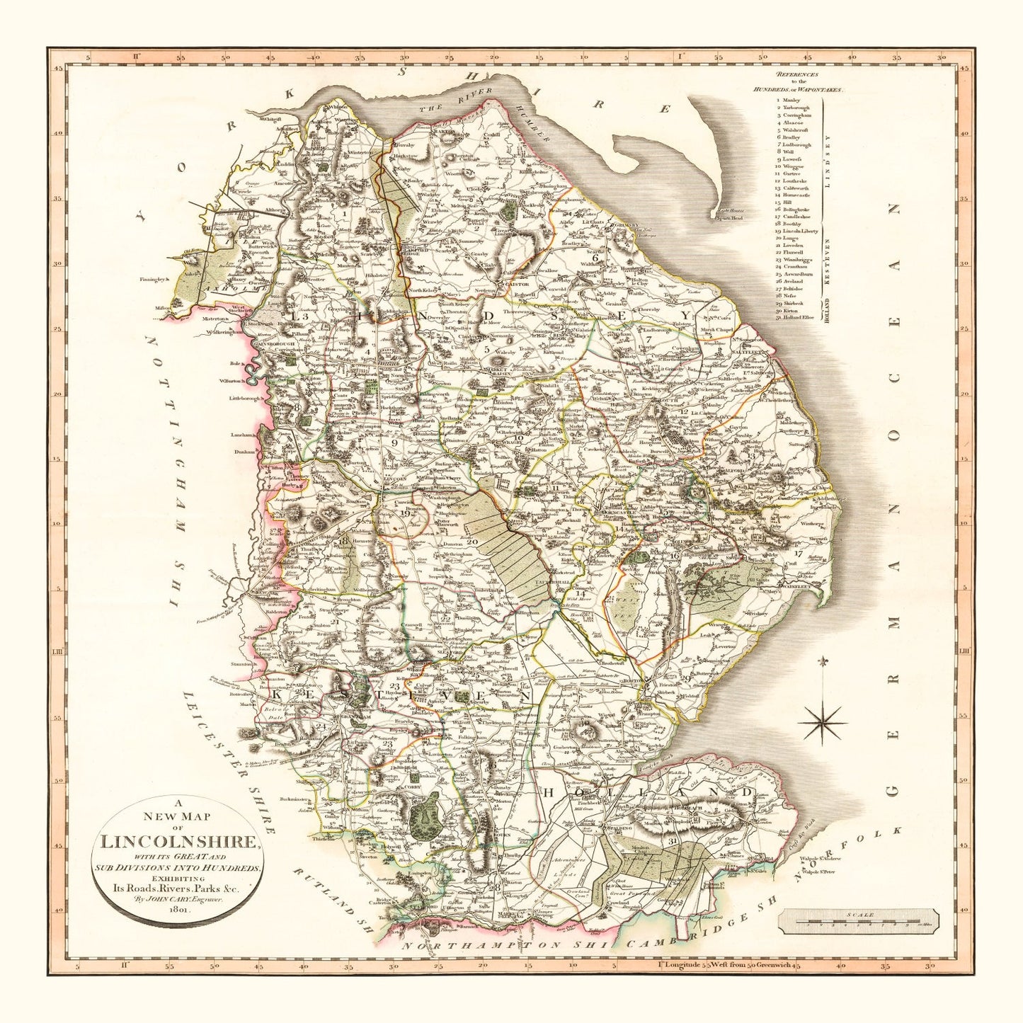 Vintage Map of Lincolnshire County England, 1801