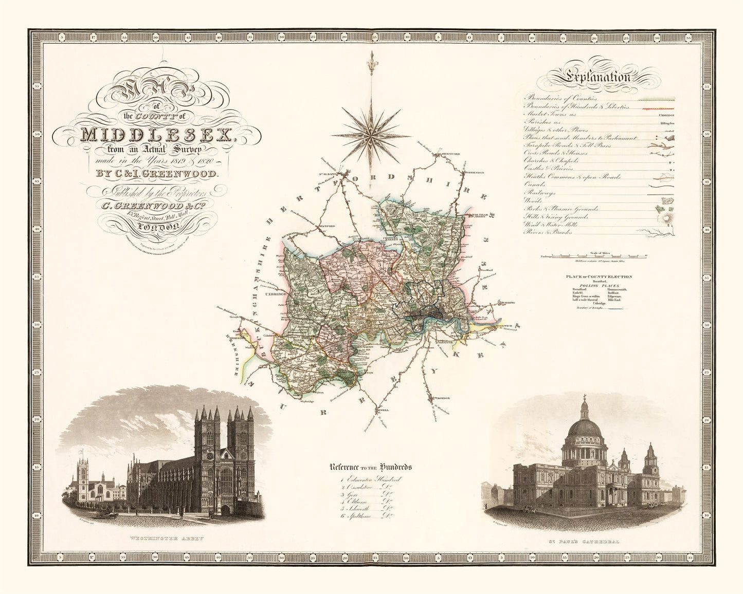 Vintage Map of Middlesex England, 1829