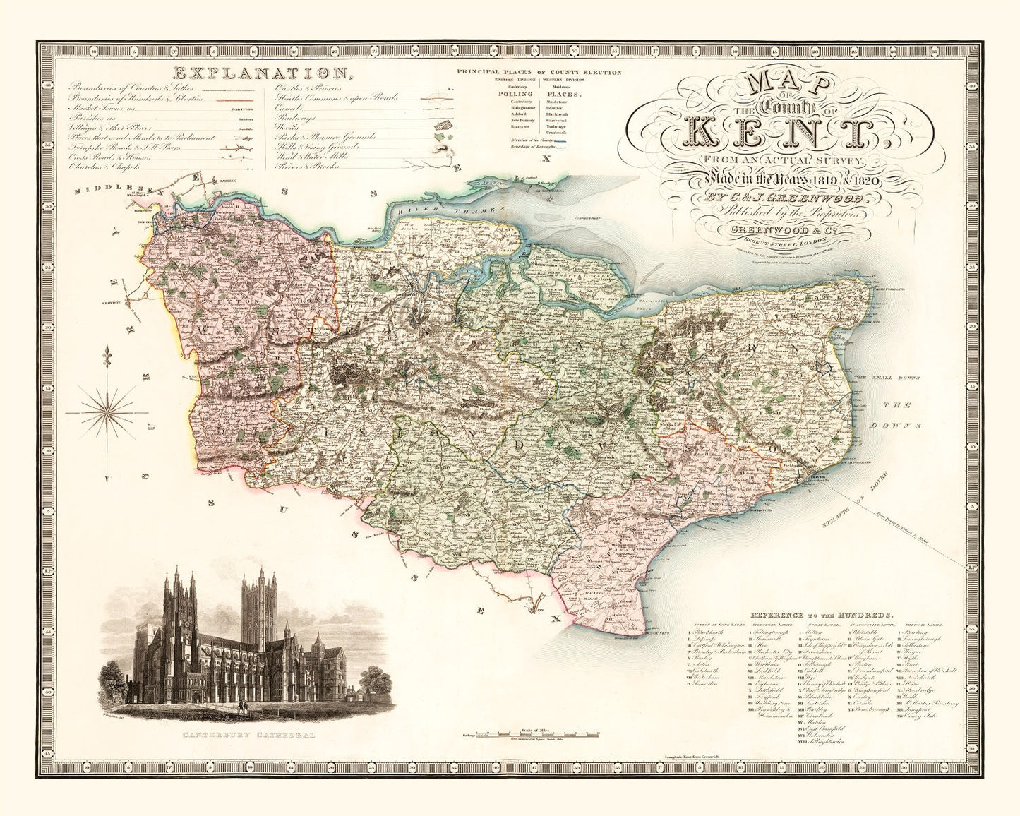 Vintage Map of Kent England, 1829