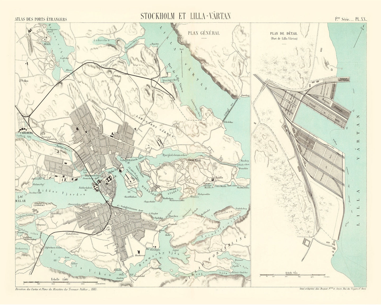 Vintage Map of Stockholm, Sweden 1883