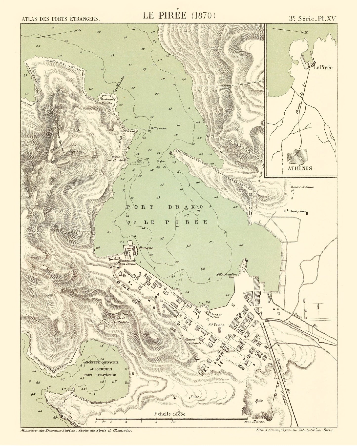 Vintage Map of Piraeus, Greece 1870