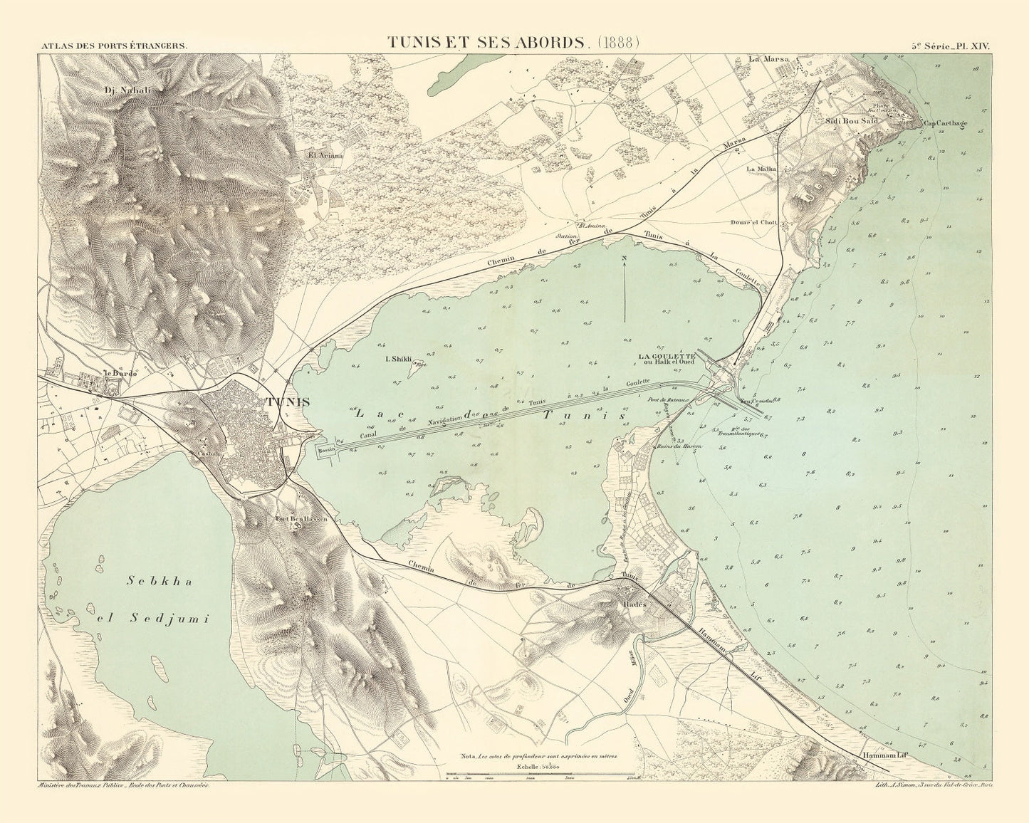 Vintage Map of Tunis, Tunisia 1888