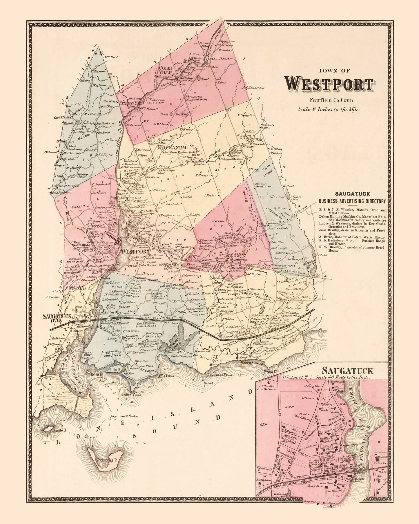 Vintage Map of Saugatuck, Connecticut 1867