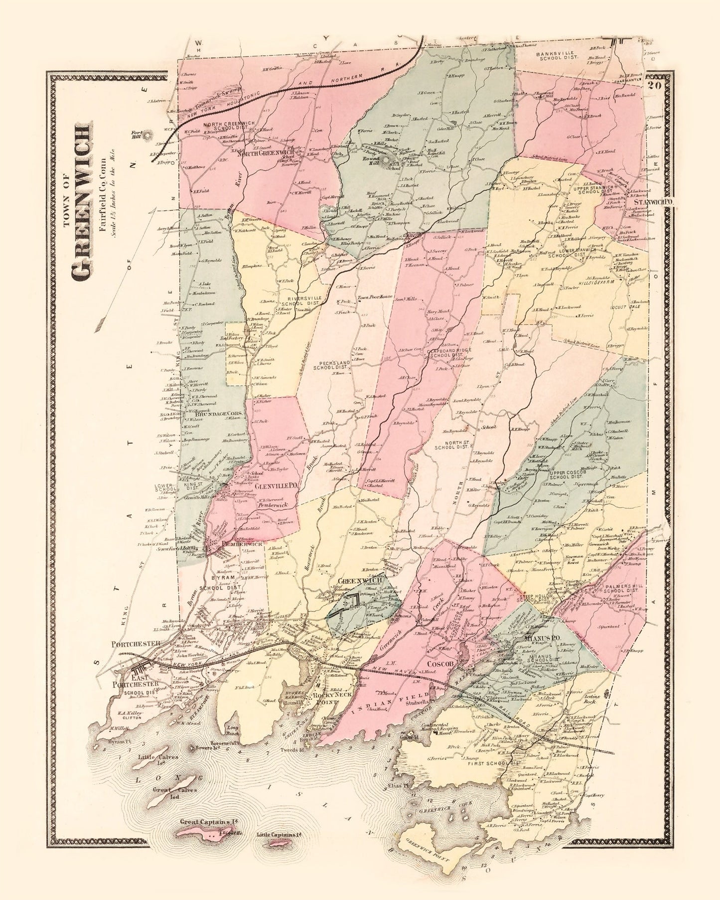 Vintage Map of Greenwich, Connecticut 1867