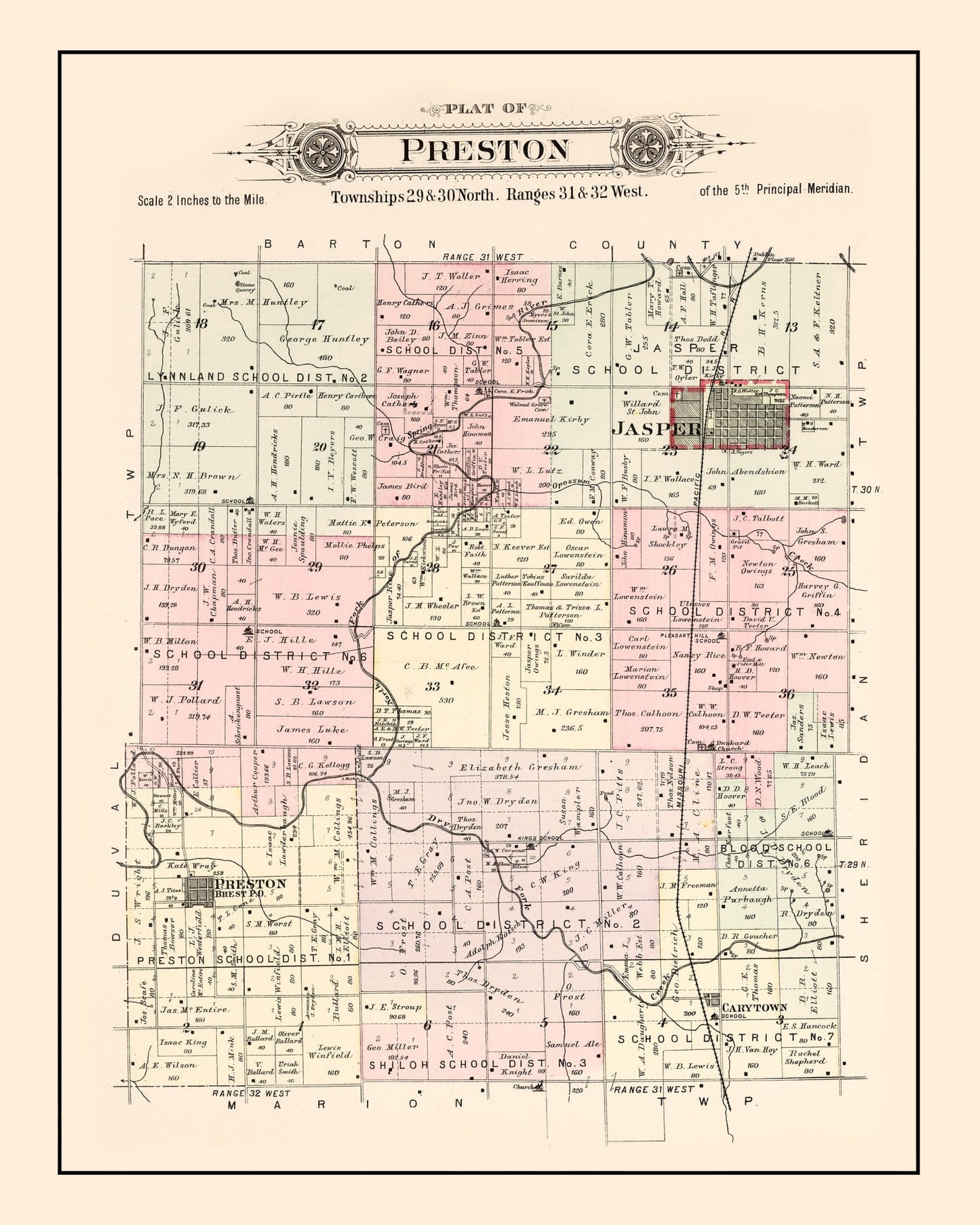 Vintage Map of Preston Township, Jasper County, Missouri 1895