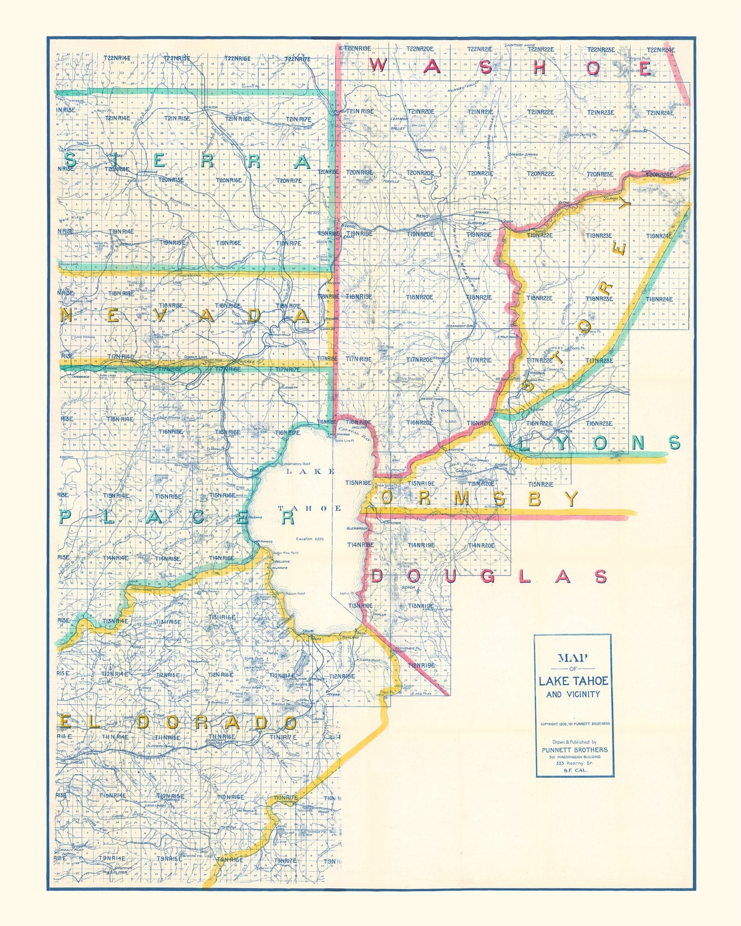 Vintage Map of Lake Tahoe, 1908