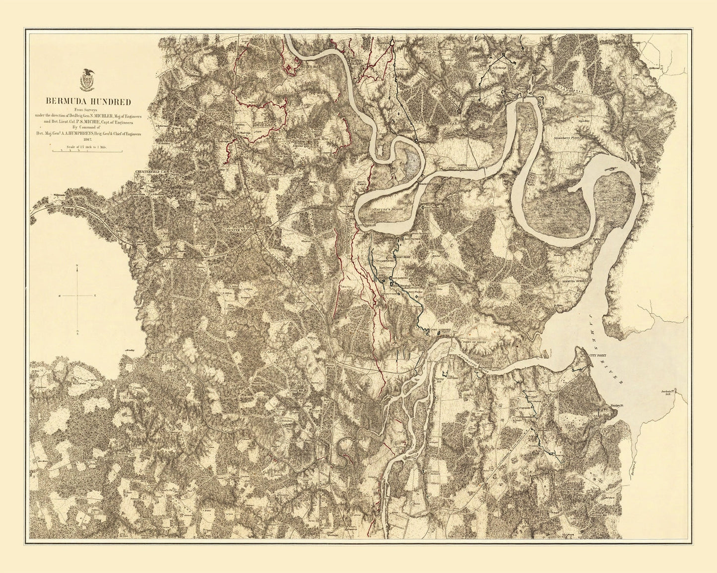 Vintage Map of the Battle of Bermuda Hundred, 1869