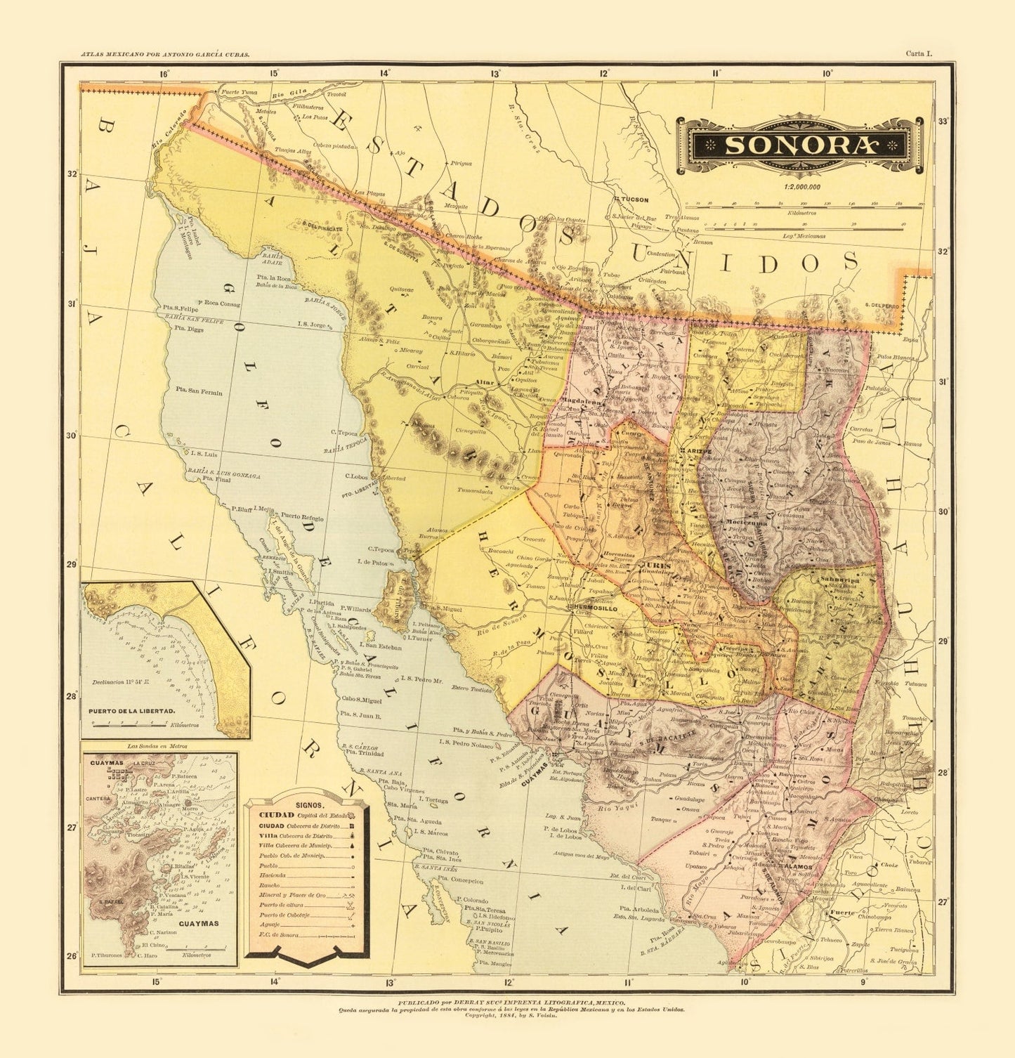 Vintage Map of Sonora Mexico, 1886