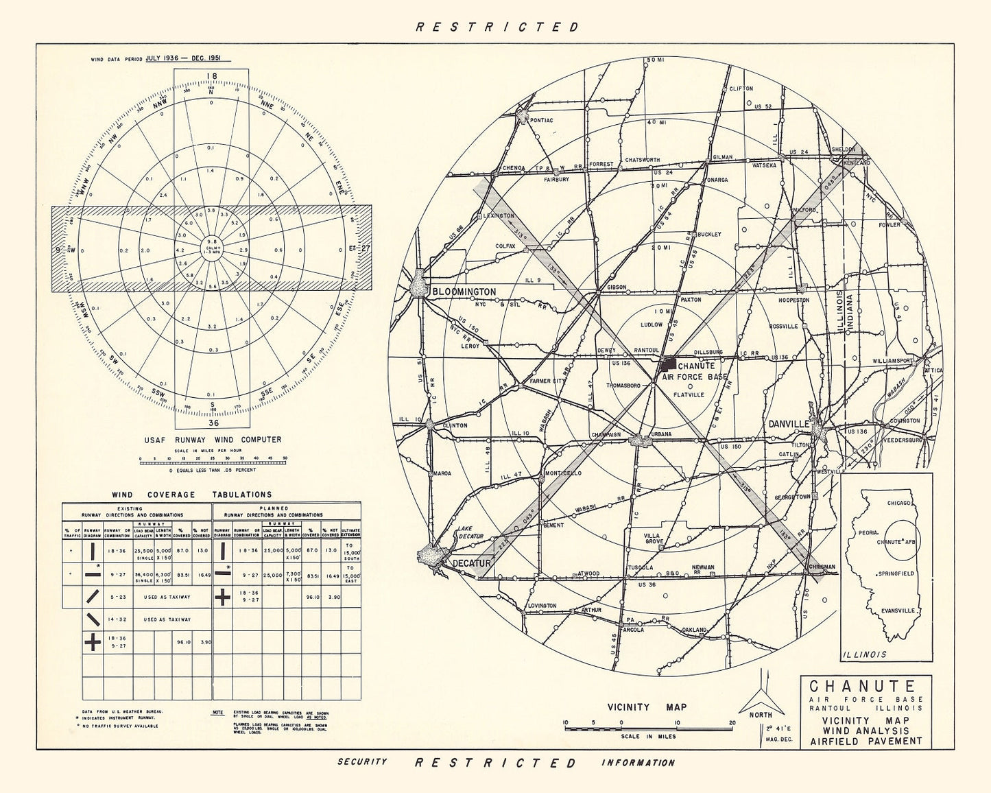 Vintage Map of the Chanute Air Force Base Vicinity, 1951