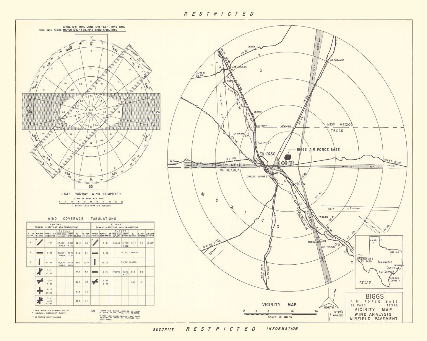 Vintage Map of the Biggs Air Force Base Vicinity, 1951