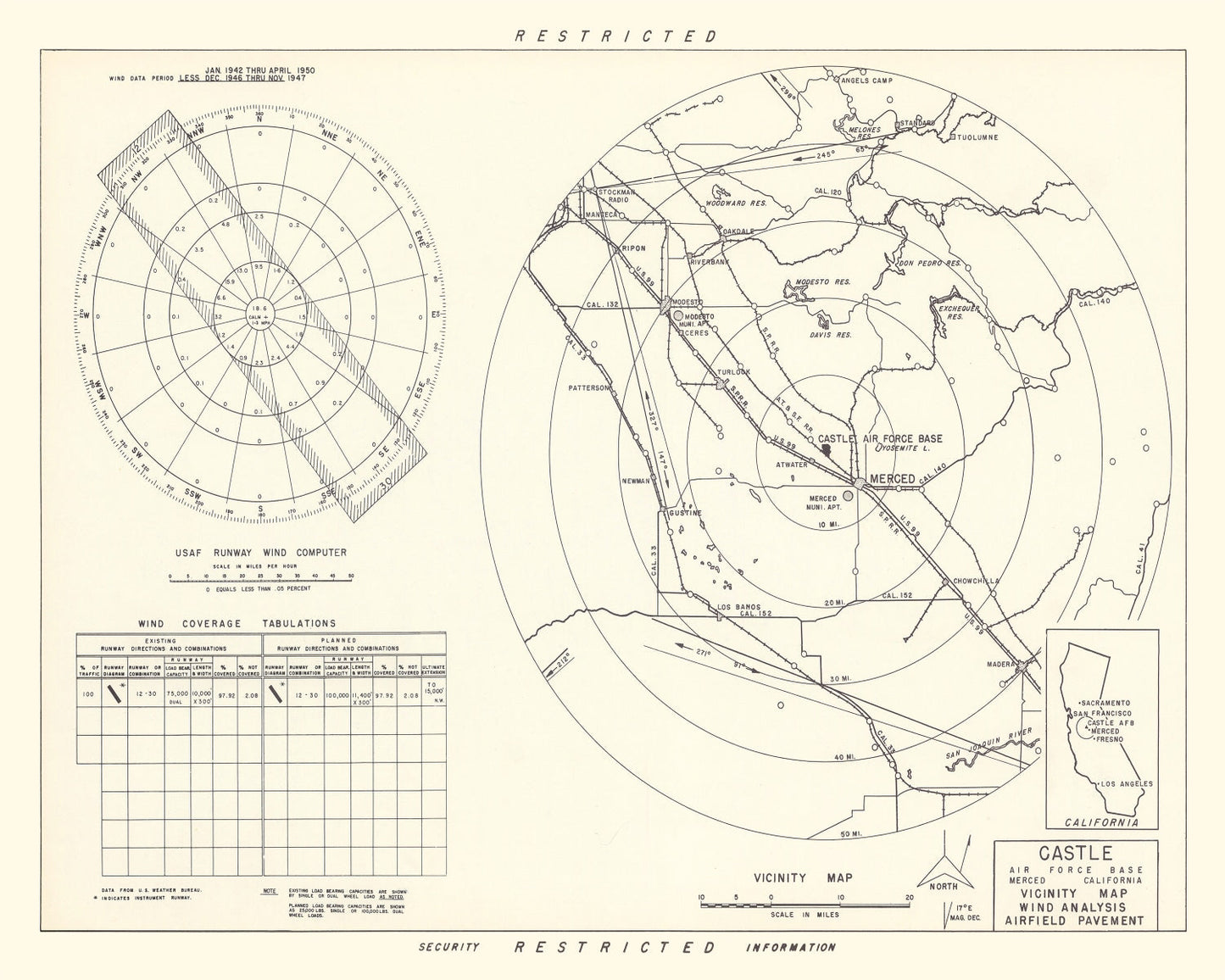Vintage Map of the Castle Air Force Base Vicinity, 1952