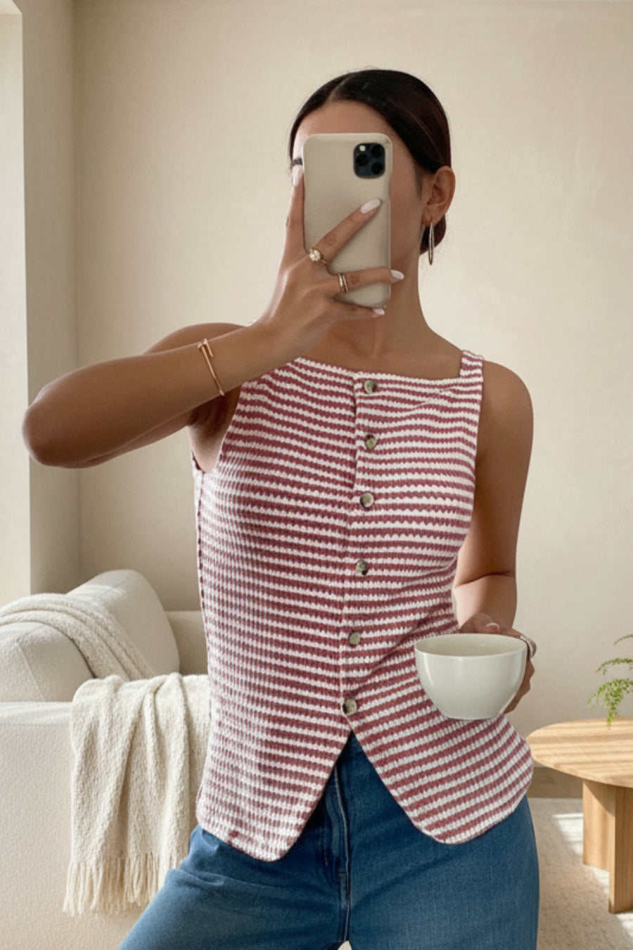 Women's Striped Button-Front Sleeveless Camisole Top – Square Neck Tank