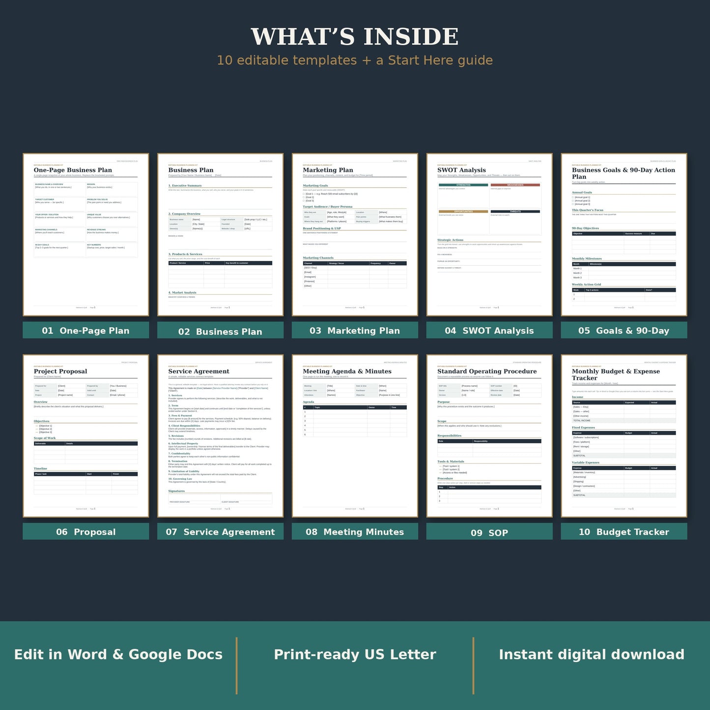 Editable Business Plan Template Kit | Small Business Planner, Marketing, SWOT, Proposal & Budget | Word and Google Docs (Printable)