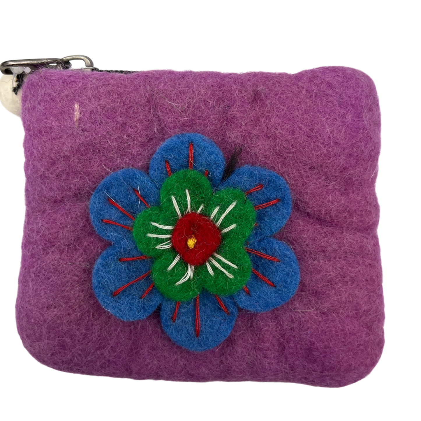 Felt Wool Vibrant Purple Coin Purse with Flower Applique